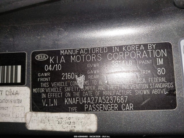 Aukcja sprzedaży 2010 Kia Forte Ex, vin: KNAFU4A27A5237687, numer aukcji: 44946468