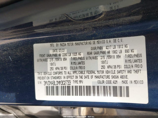 2021 Mazda Cx-30 Select მანქანა იყიდება აუქციონზე, vin: 3MVDMABL0MM302733, აუქციონის ნომერი: 44946471