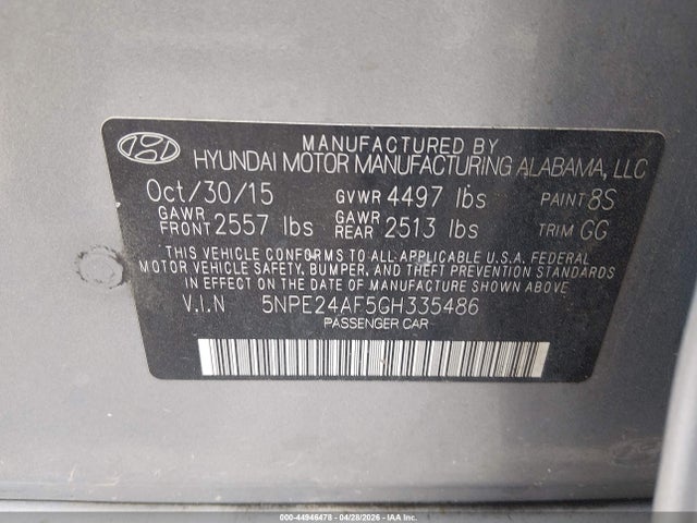44946478 :رقم المزاد ، 5NPE24AF5GH335486 vin ، 2016 Hyundai Sonata Se مزاد بيع