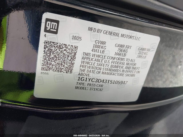 44946482 :رقم المزاد ، 1G1YC3D43T5105947 vin ، 2026 Chevrolet Corvette Stingray , 3lt, Rwd مزاد بيع