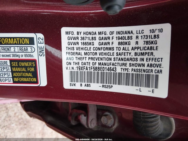 Aukcja sprzedaży 2011 Honda Civic Lx, vin: 19XFA1F58BE014643, numer aukcji: 44946496