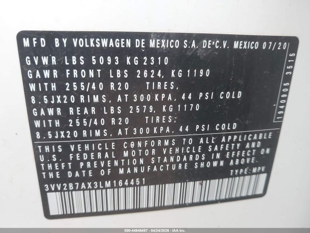 Продаж на аукціоні авто 2020 Volkswagen Tiguan 2.0t Se/2.0t Se R-line Black/2.0t Sel, vin: 3VV2B7AX3LM164451, номер лоту: 44946497