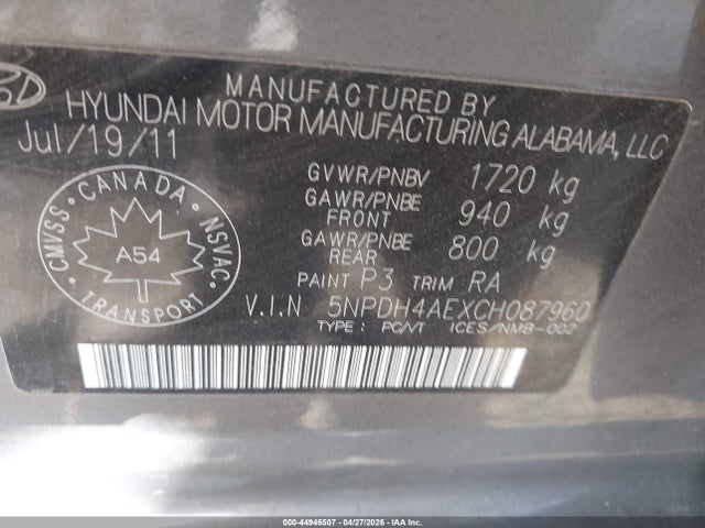 44946507 :رقم المزاد ، 5NPDH4AEXCH087960 vin ، 2012 Hyundai Elantra Gl مزاد بيع
