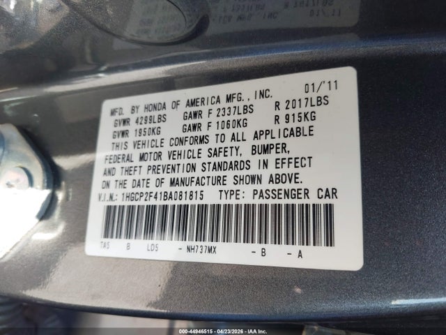 Продажа на аукционе авто 2011 Honda Accord 2.4 Lx-p, vin: 1HGCP2F41BA081815, номер лота: 44946515
