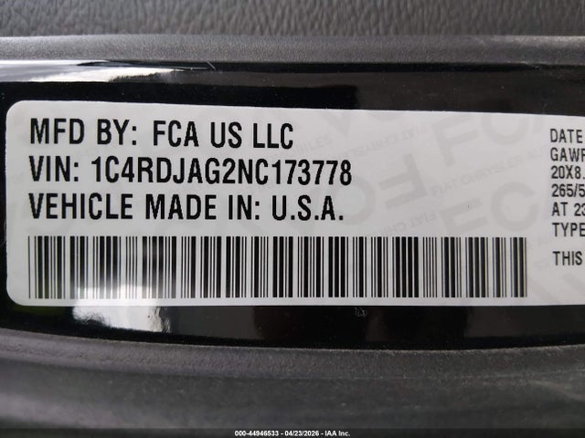 Продаж на аукціоні авто 2022 Dodge Durango Sxt Awd, vin: 1C4RDJAG2NC173778, номер лоту: 44946533
