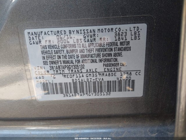 Продажа на аукционе авто 2016 Nissan Sentra Fe+ S/s/sl/sr/sv, vin: 3N1AB7AP9GY305132, номер лота: 44946534