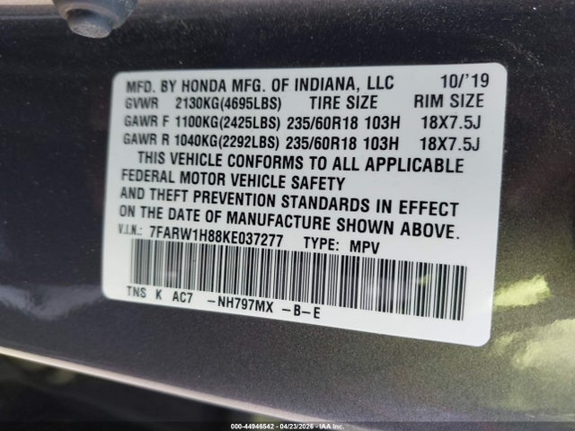 7FARW1H88KE037277 Honda Cr-v Ex-l