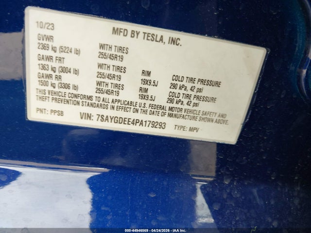 Продажа на аукционе авто 2023 Tesla Model Y Awd/long Range Dual Motor All-wheel Drive, vin: 7SAYGDEE4PA179293, номер лота: 44946569