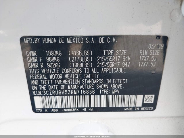3CZRU6H53KM716836 Honda HR-V EX