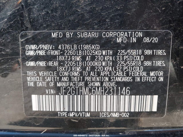 2021 Subaru Crosstrek Limited მანქანა იყიდება აუქციონზე, vin: JF2GTHMC6MH231146, აუქციონის ნომერი: 44946572