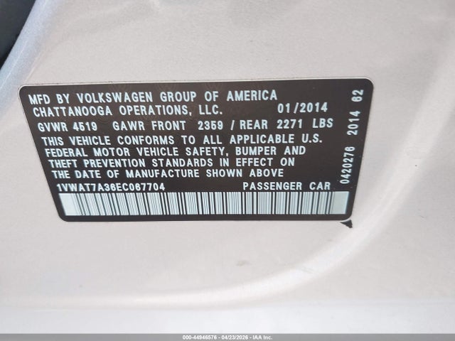 Aukcja sprzedaży 2014 Volkswagen Passat 1.8t Wolfsburg Edition, vin: 1VWAT7A36EC067704, numer aukcji: 44946576