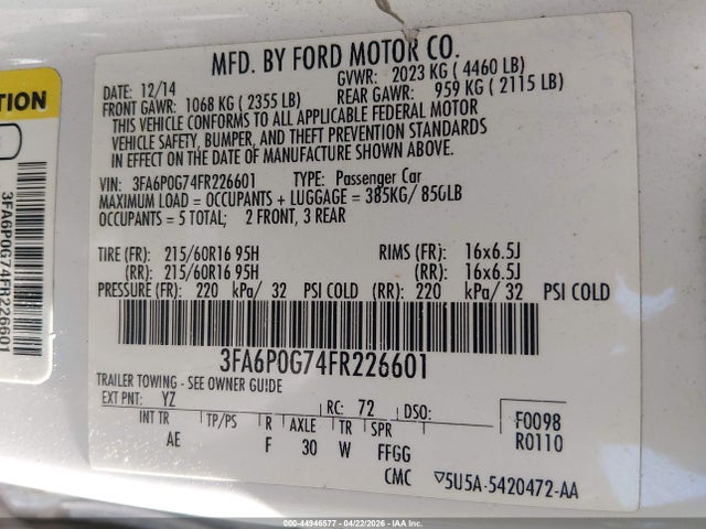 3FA6P0G74FR226601 Ford FUSION S