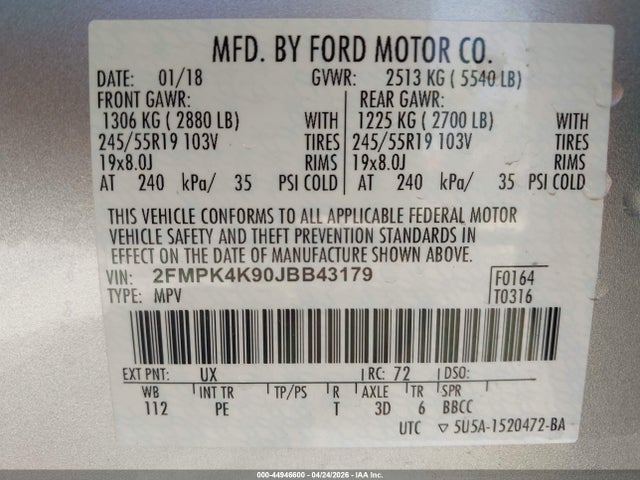 2018 Ford Edge Titanium მანქანა იყიდება აუქციონზე, vin: 2FMPK4K90JBB43179, აუქციონის ნომერი: 44946600
