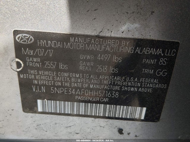 2017 Hyundai Sonata Sport მანქანა იყიდება აუქციონზე, vin: 5NPE34AF0HH571638, აუქციონის ნომერი: 44946604