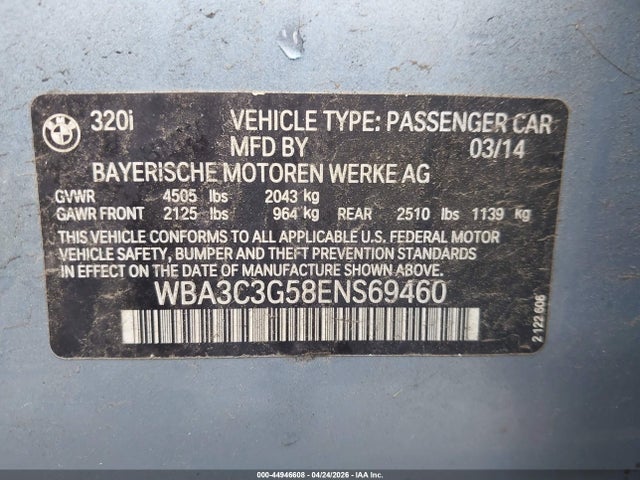 Продажа на аукционе авто 2014 Bmw 320i Xdrive, vin: WBA3C3G58ENS69460, номер лота: 44946608