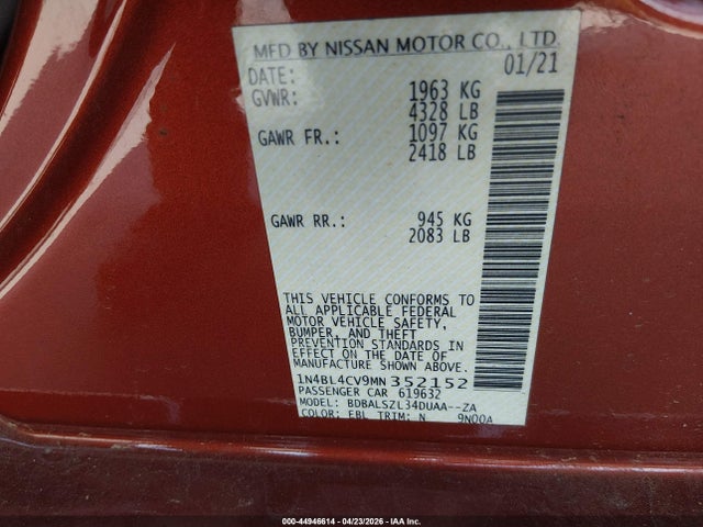 44946614 :رقم المزاد ، 1N4BL4CV9MN352152 vin ، 2021 Nissan Altima Sr Fwd مزاد بيع