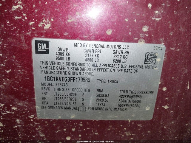 Продаж на аукціоні авто 2015 Chevrolet Silverado 2500hd Lt, vin: 1GC1KVEG3FF170585, номер лоту: 44946616