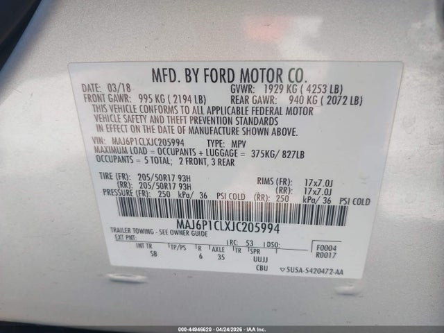 Aukcja sprzedaży 2018 Ford Ecosport Ses, vin: MAJ6P1CLXJC205994, numer aukcji: 44946620