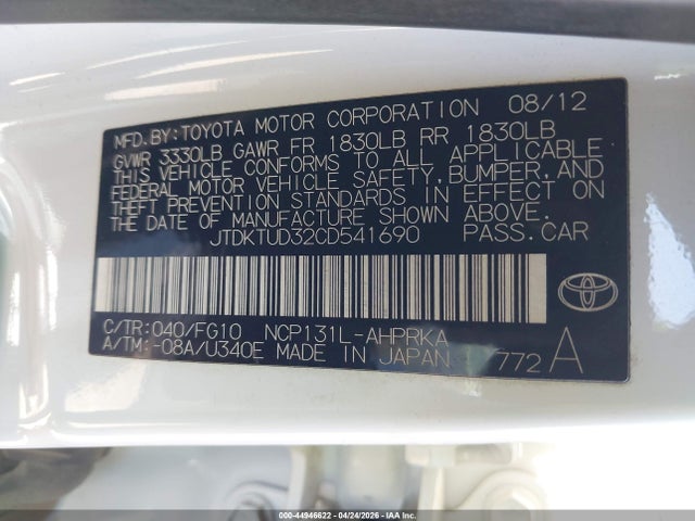 Продажа на аукционе авто 2012 Toyota Yaris L, vin: JTDKTUD32CD541690, номер лота: 44946622