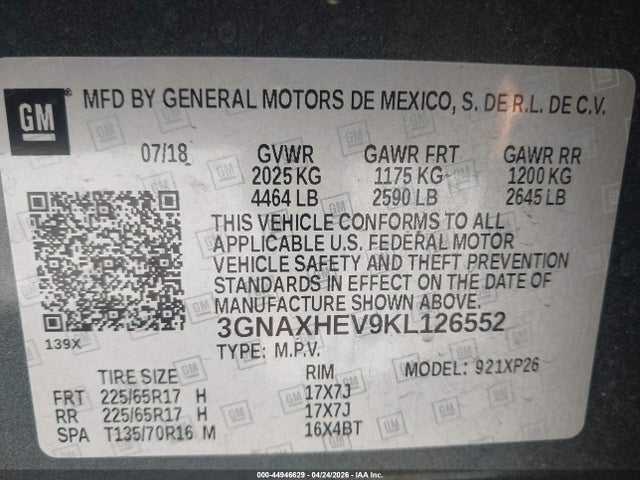 3GNAXHEV9KL126552 Chevrolet EQUINOX LS
