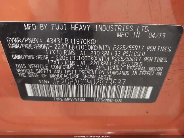 Aukcja sprzedaży 2013 Subaru Xv Crosstrek 2.0i Premium, vin: JF2GPACC9D2873537, numer aukcji: 44946638