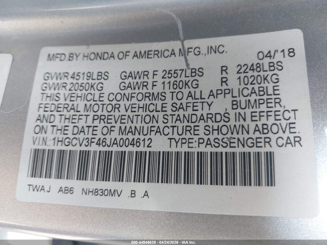 Aukcja sprzedaży 2018 Honda Accord Hybrid Ex, vin: 1HGCV3F46JA004612, numer aukcji: 44946639