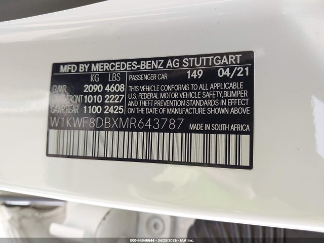 Auction sale of the 2021 Mercedes-benz C 300 Sedan, vin: W1KWF8DBXMR643787, lot number: 44946644