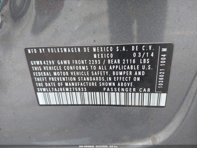 Продаж на аукціоні авто 2014 Volkswagen Jetta 2.0l Tdi Value Edition, vin: 3VWLL7AJ8EM275833, номер лоту: 44946646