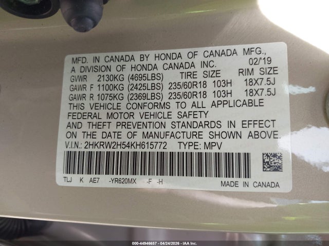 44946657 :رقم المزاد ، 2HKRW2H54KH615772 vin ، 2019 Honda Cr-v Ex مزاد بيع
