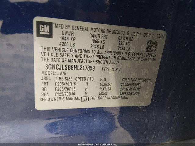 Aukcja sprzedaży 2017 Chevrolet Trax Lt, vin: 3GNCJLSB8HL217859, numer aukcji: 44946661