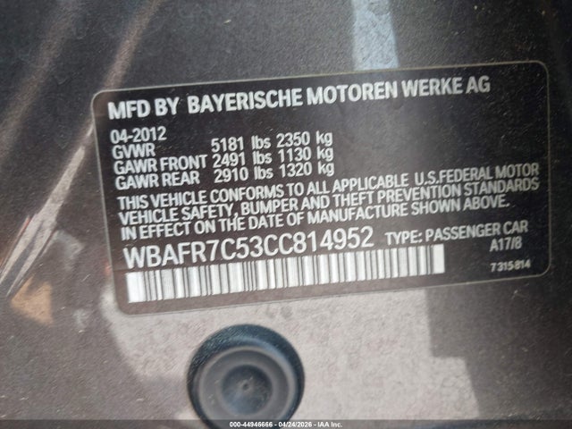 44946666 :رقم المزاد ، WBAFR7C53CC814952 vin ، 2012 Bmw 535i مزاد بيع