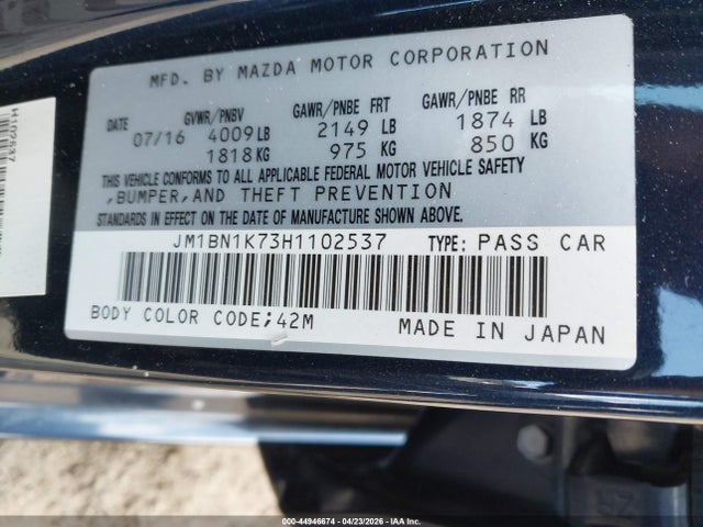 Aukcja sprzedaży 2017 Mazda Mazda3 Sport, vin: JM1BN1K73H1102537, numer aukcji: 44946674