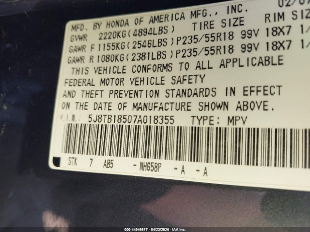 44946677 :رقم المزاد ، 5J8TB18507A018355 vin ، 2007 Acura Rdx مزاد بيع