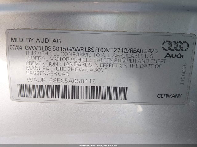 Aukcja sprzedaży 2005 Audi S4 4.2, vin: WAUPL68EX5A058415, numer aukcji: 44946681