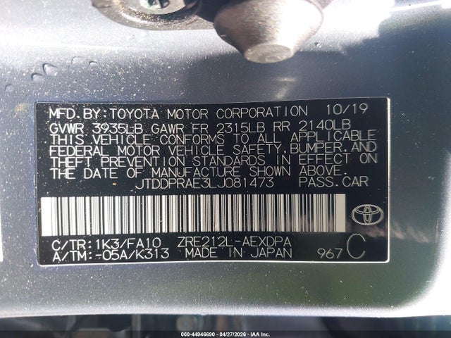 Продаж на аукціоні авто 2020 Toyota Corolla L, vin: JTDDPRAE3LJ081473, номер лоту: 44946690