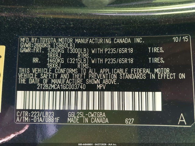 44946691 :رقم المزاد ، 2T2BZMCA1GC003740 vin ، 2016 Lexus Rx 350 مزاد بيع