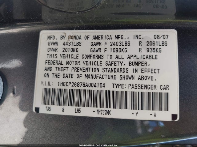 2008 Honda Accord 2.4 Ex-l მანქანა იყიდება აუქციონზე, vin: 1HGCP26878A004104, აუქციონის ნომერი: 44946696