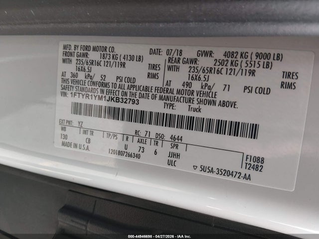 Aukcja sprzedaży 2018 Ford Transit-250, vin: 1FTYR1YM1JKB32793, numer aukcji: 44946698