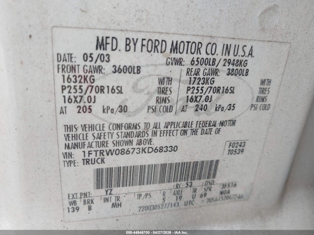 Aukcja sprzedaży 2003 Ford F-150 Lariat/xlt, vin: 1FTRW08673KD68330, numer aukcji: 44946700