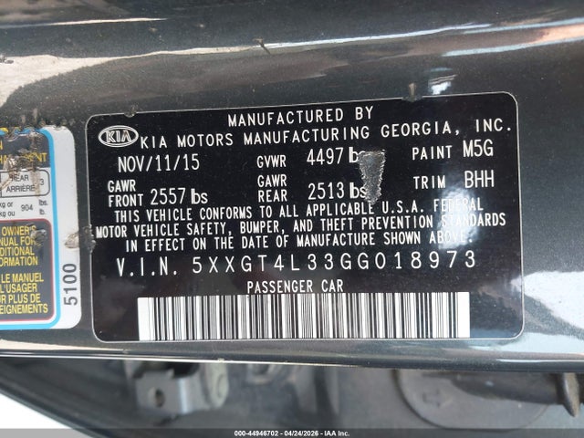 2016 Kia Optima Lx მანქანა იყიდება აუქციონზე, vin: 5XXGT4L33GG018973, აუქციონის ნომერი: 44946702