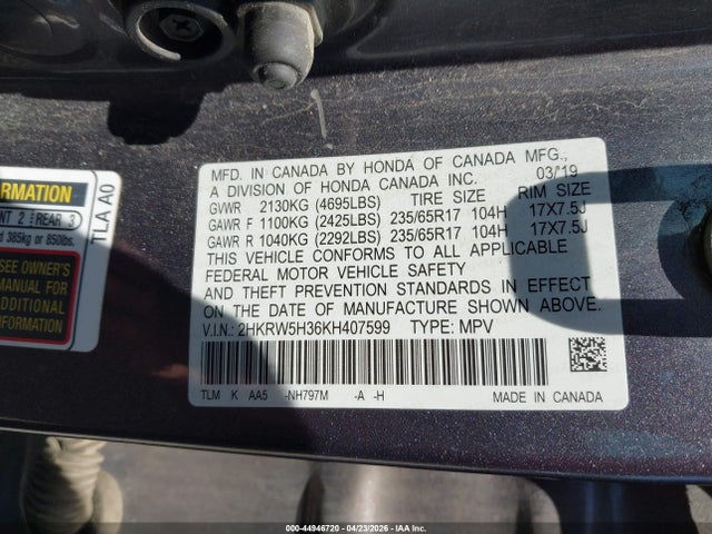 Aukcja sprzedaży 2019 Honda Cr-v Lx, vin: 2HKRW5H36KH407599, numer aukcji: 44946720