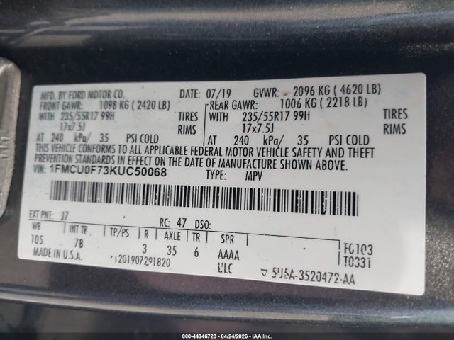 Продаж на аукціоні авто 2019 Ford Escape S, vin: 1FMCU0F73KUC50068, номер лоту: 44946723