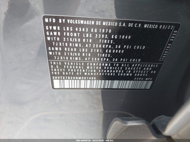 2022 Volkswagen Taos 1.5t Se მანქანა იყიდება აუქციონზე, vin: 3VVTX7B20NM061466, აუქციონის ნომერი: 44946729
