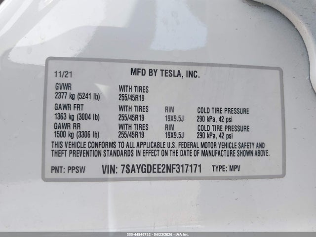 7SAYGDEE2NF317171 Tesla Model Y Long Range Dual Motor All-wheel Drive