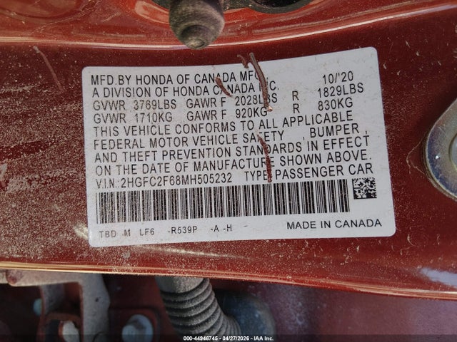 2021 Honda Civic Lx მანქანა იყიდება აუქციონზე, vin: 2HGFC2F68MH505232, აუქციონის ნომერი: 44946745