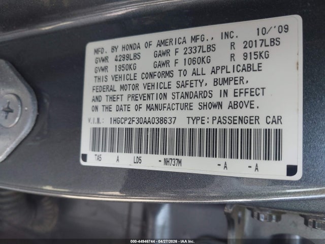 44946744 :رقم المزاد ، 1HGCP2F30AA038637 vin ، 2010 Honda Accord 2.4 Lx مزاد بيع