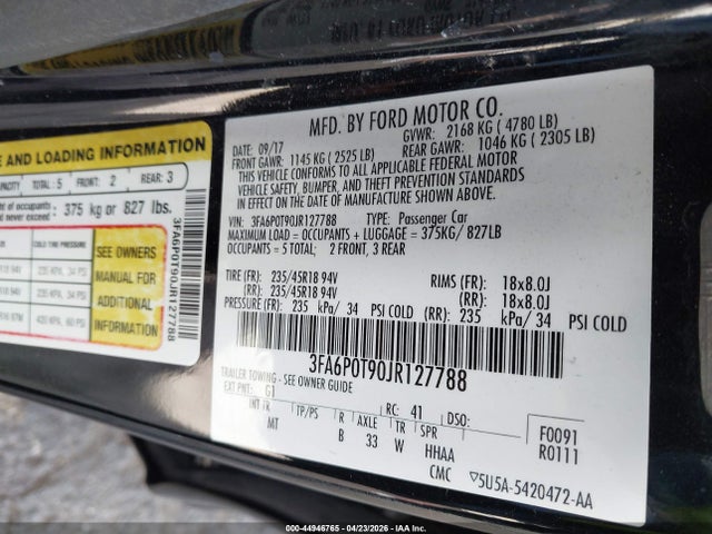 Ford FUSION SE 2018 3FA6P0T90JR127788 Image 9
