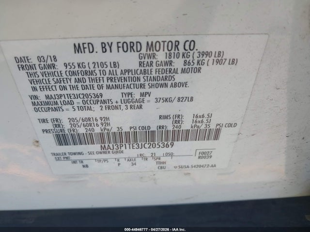 Продажа на аукционе авто 2018 Ford Ecosport Se, vin: MAJ3P1TE3JC205369, номер лота: 44946777