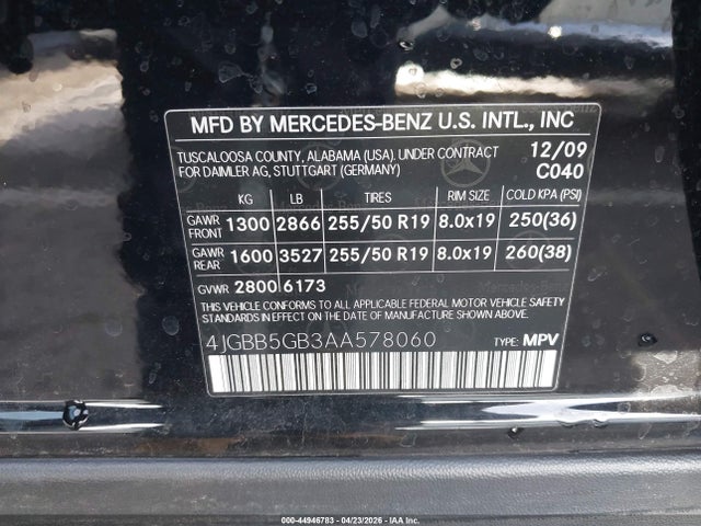 44946783 :رقم المزاد ، 4JGBB5GB3AA578060 vin ، 2010 Mercedes-benz Ml 350 مزاد بيع