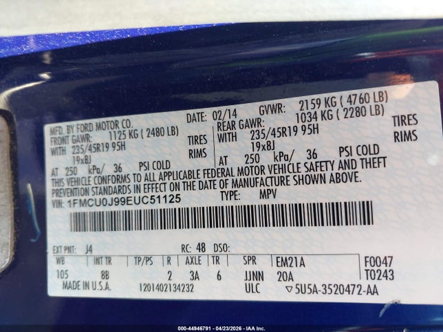 Продаж на аукціоні авто 2014 Ford Escape Titanium, vin: 1FMCU0J99EUC51125, номер лоту: 44946791